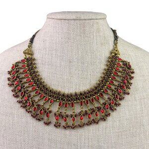 Indian Bridal Gold Tone Choker With Red Glass Beads Adjustable Handmade